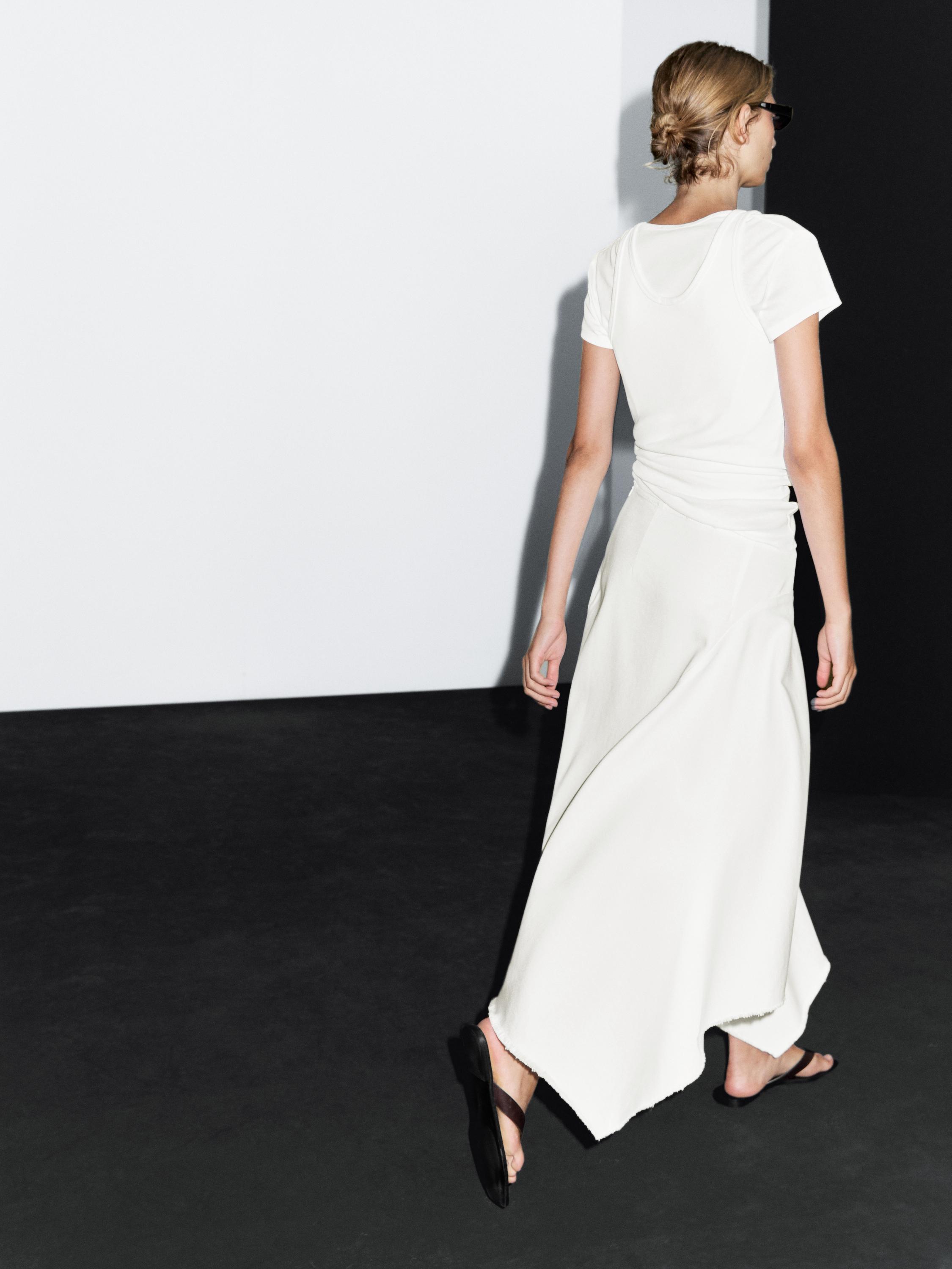 Asymmetric denim midi skirt